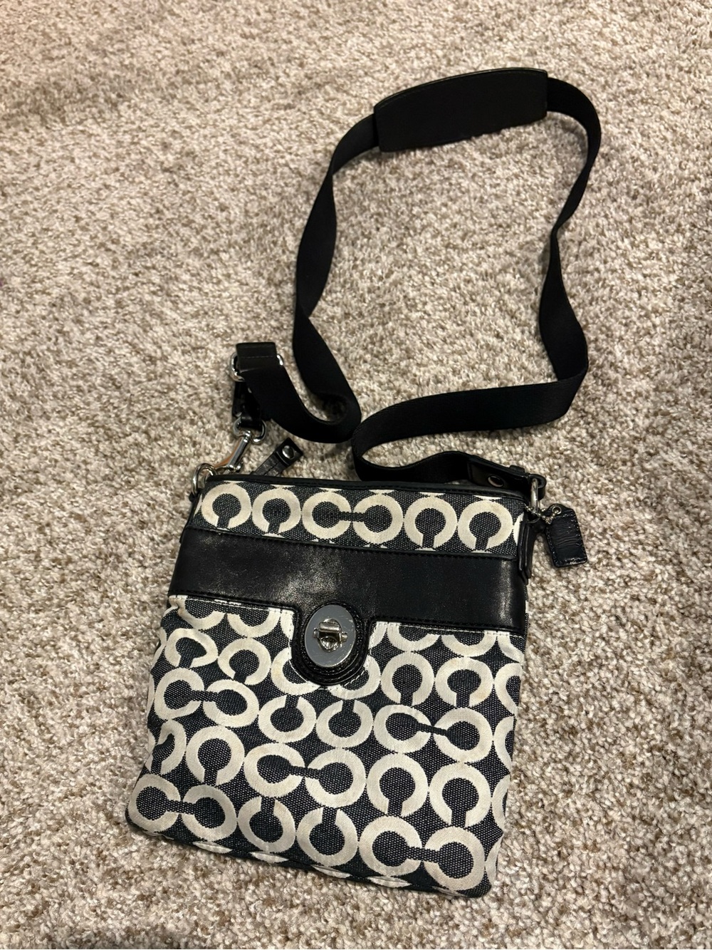 Coach Black and Cream Signature Crossbody with Silver Turnlock